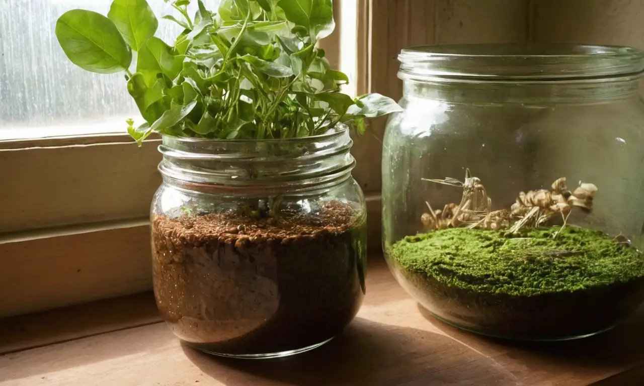 Mesa rústica con compost y ambiente acogedor