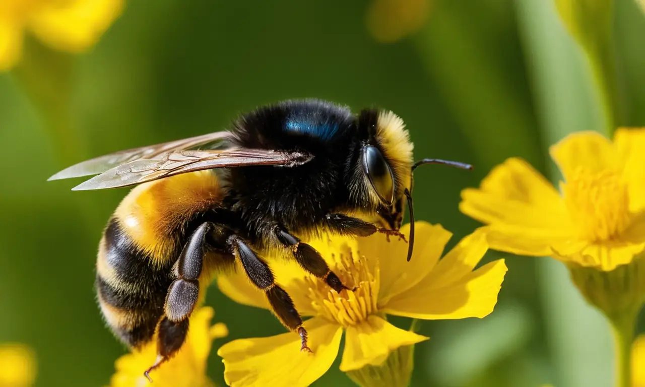 Abeja grande entre flores y vegetación vibrante