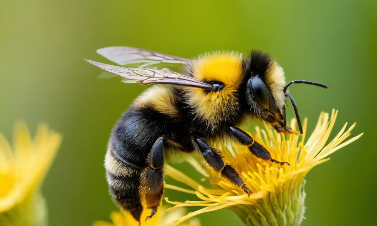 Abeja chilena vibrante en vuelo sobre flores