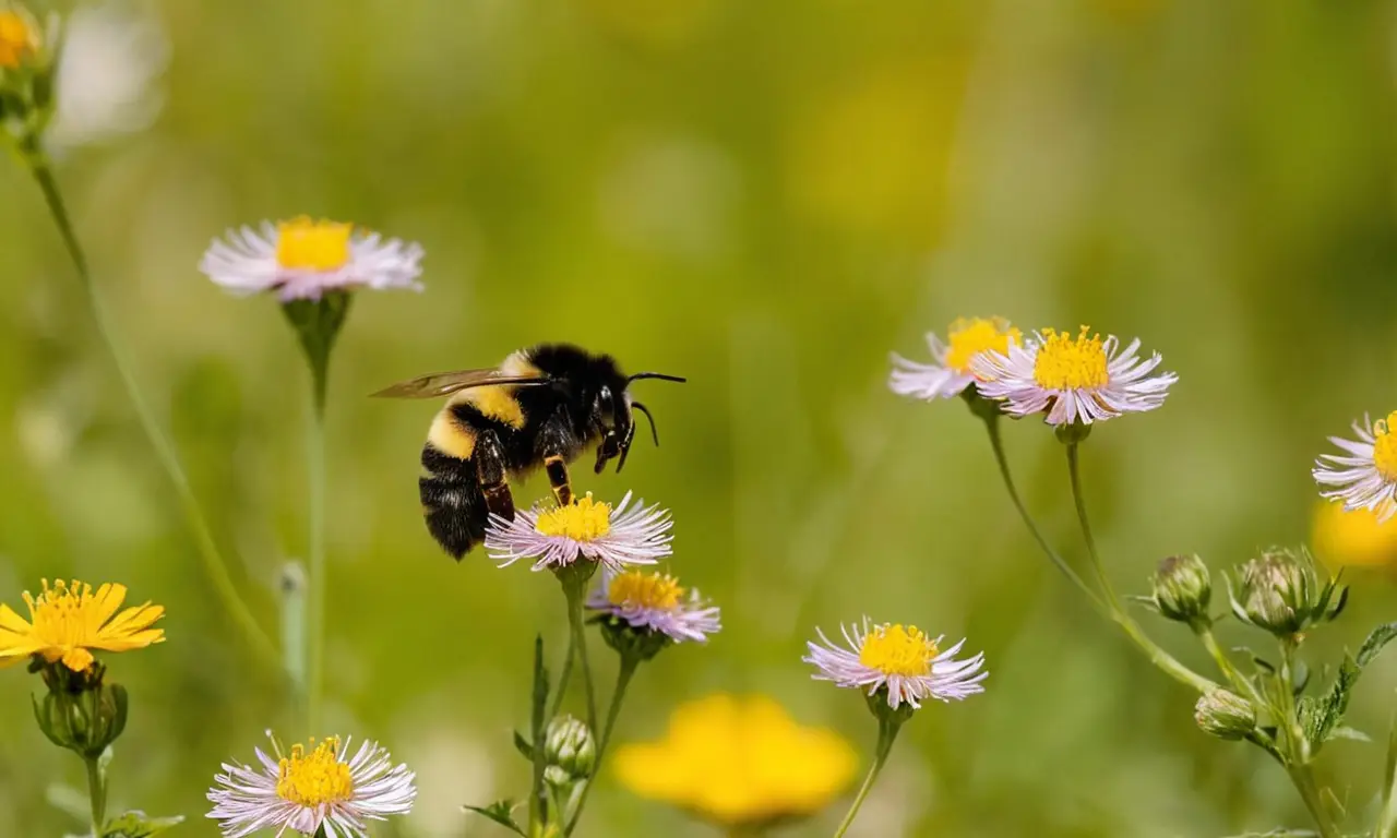 Abeja bumblebee rodeada de coloridas flores