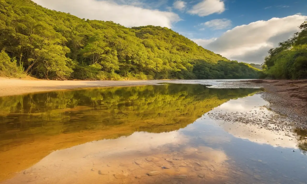 Río sereno con luz, vida y naturaleza