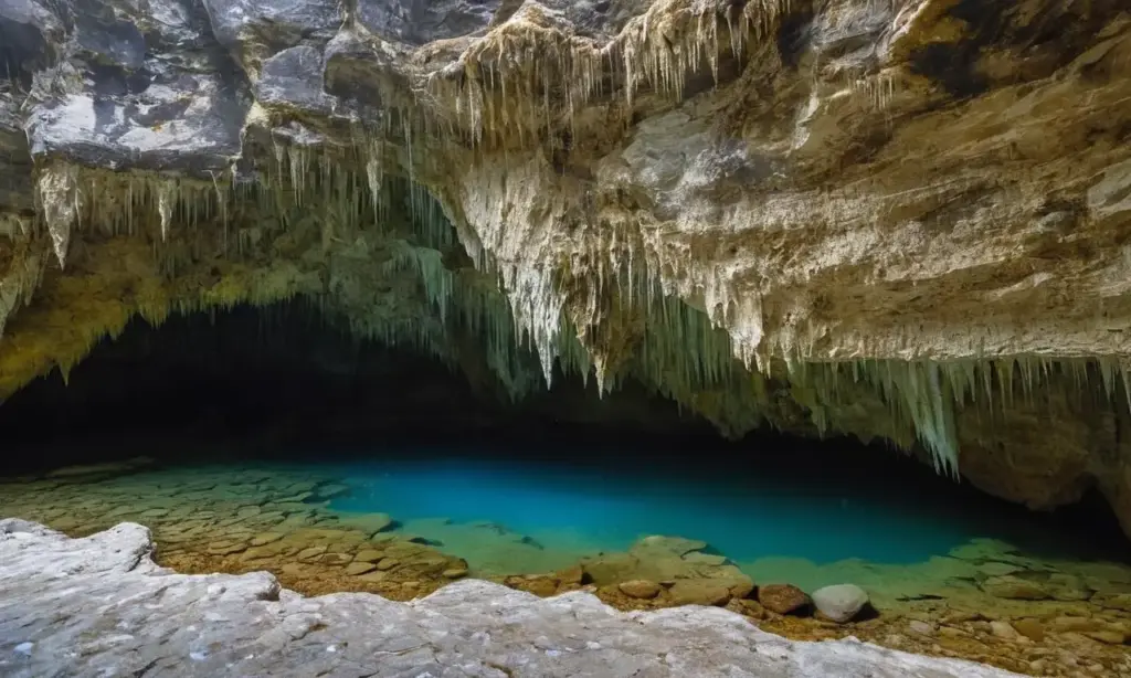 Cueva serena con agua reflejante y calma
