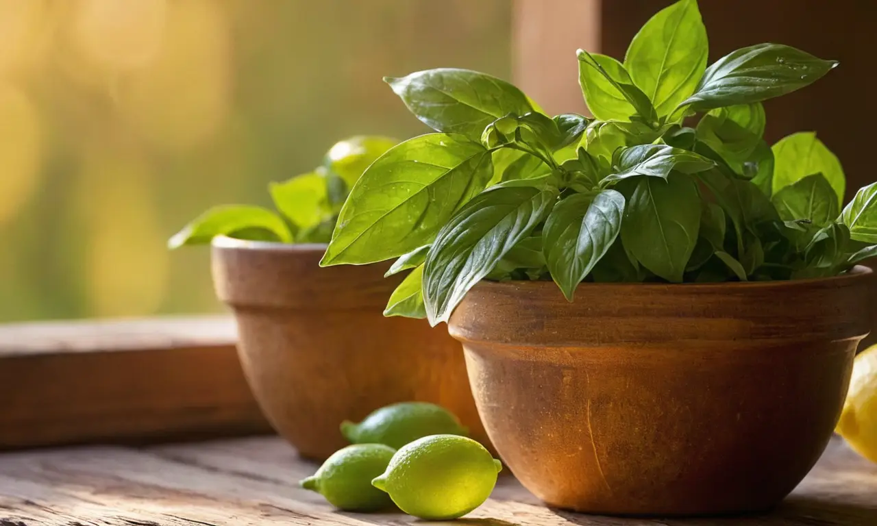 Hojas de albahaca brillantes en ambiente cálido