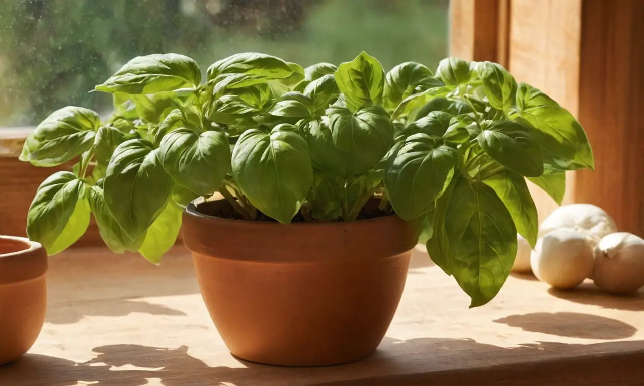 Planta de albahaca vibrante en ambiente rústico