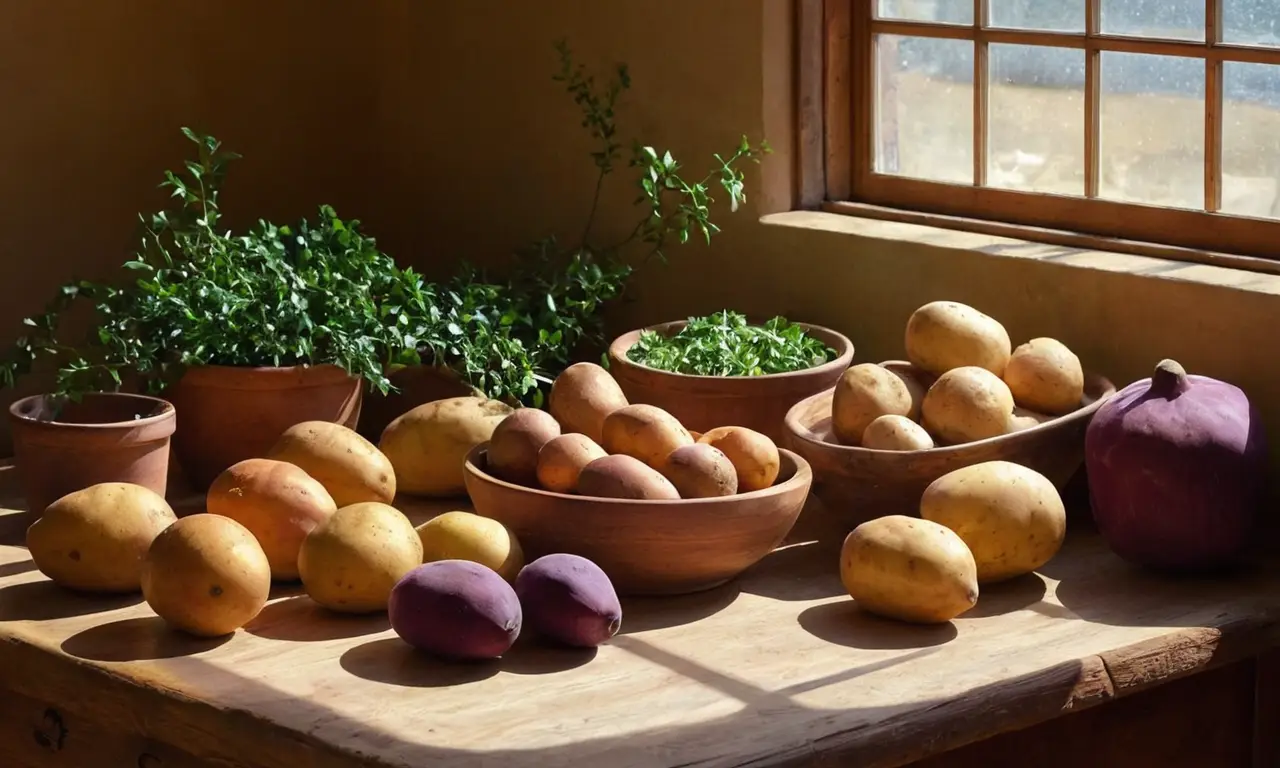 Bateas de colores sobre una mesa rústica