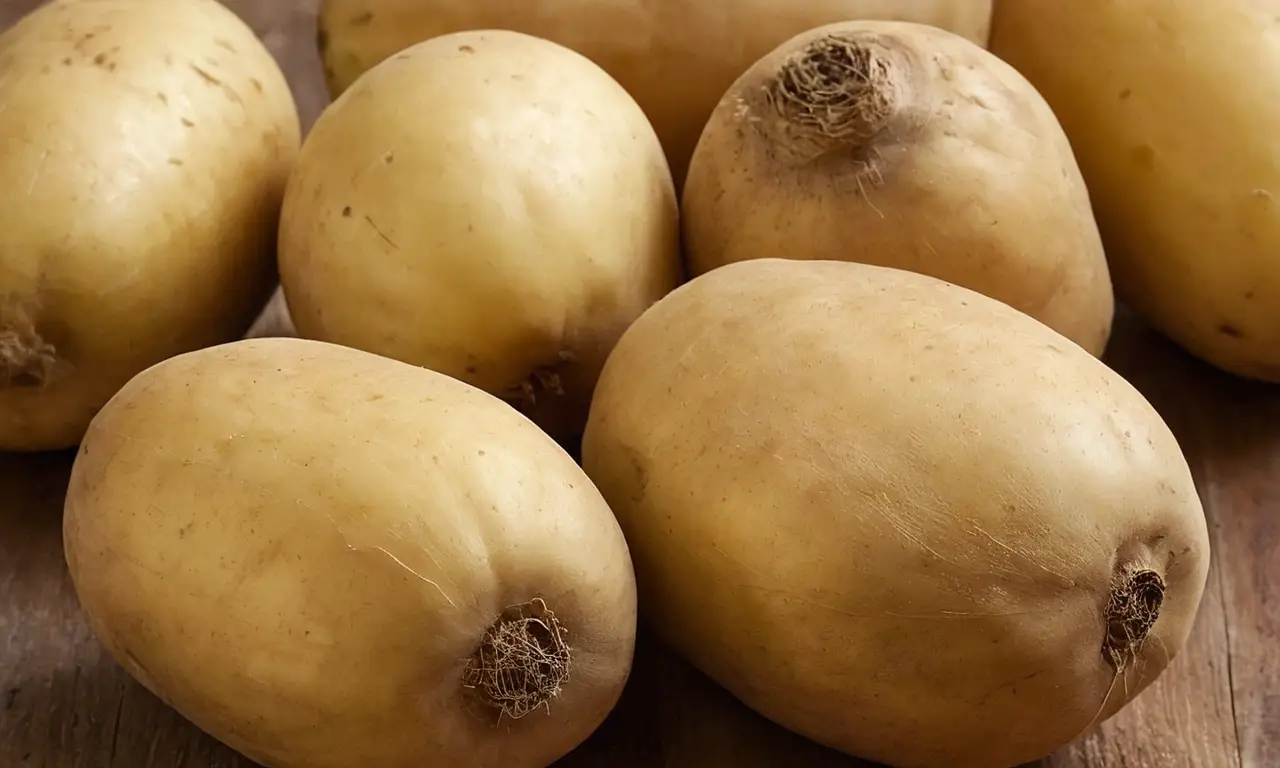 Cuatro batatas sobre una mesa rústica