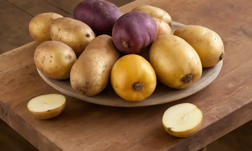 Mesa de madera con batatas coloridas