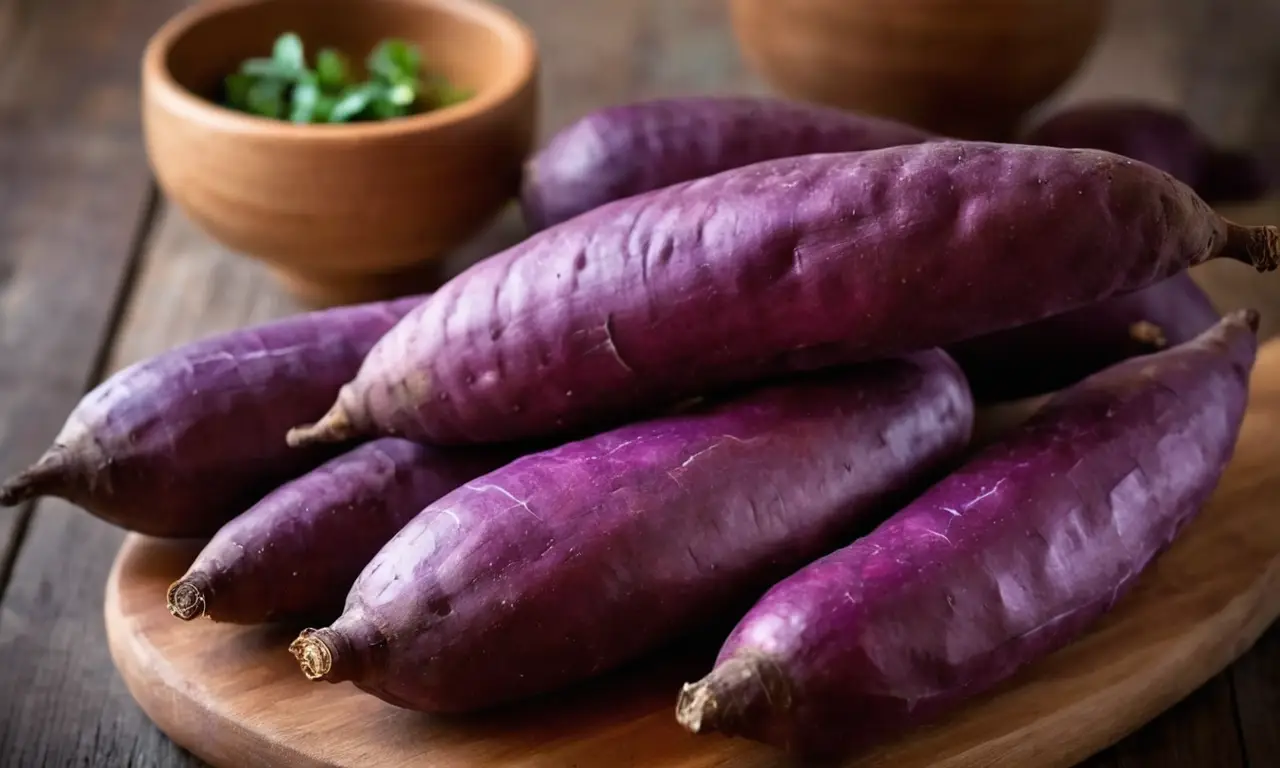 Patatas moradas brillantes en mesa rústica