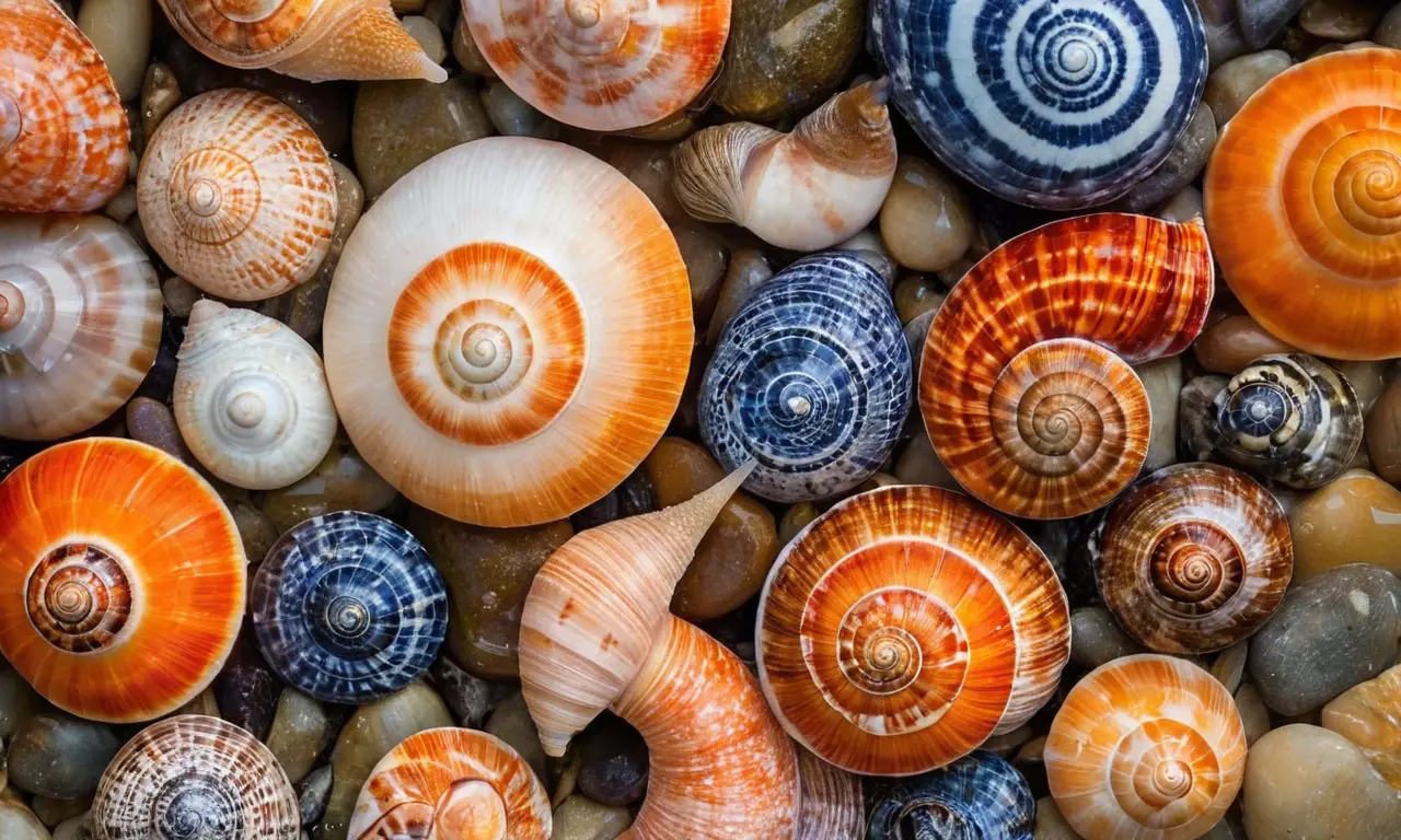 Caracoles marinos brillantes en rocas texturizadas