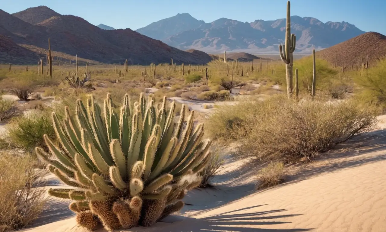 Desierto con dunas, cactus y cielo azul