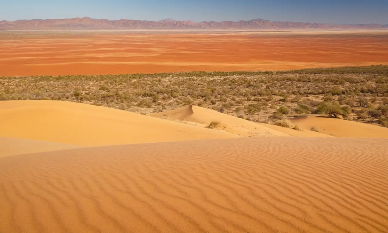 Paisaje árido con dunas y montañas distantes