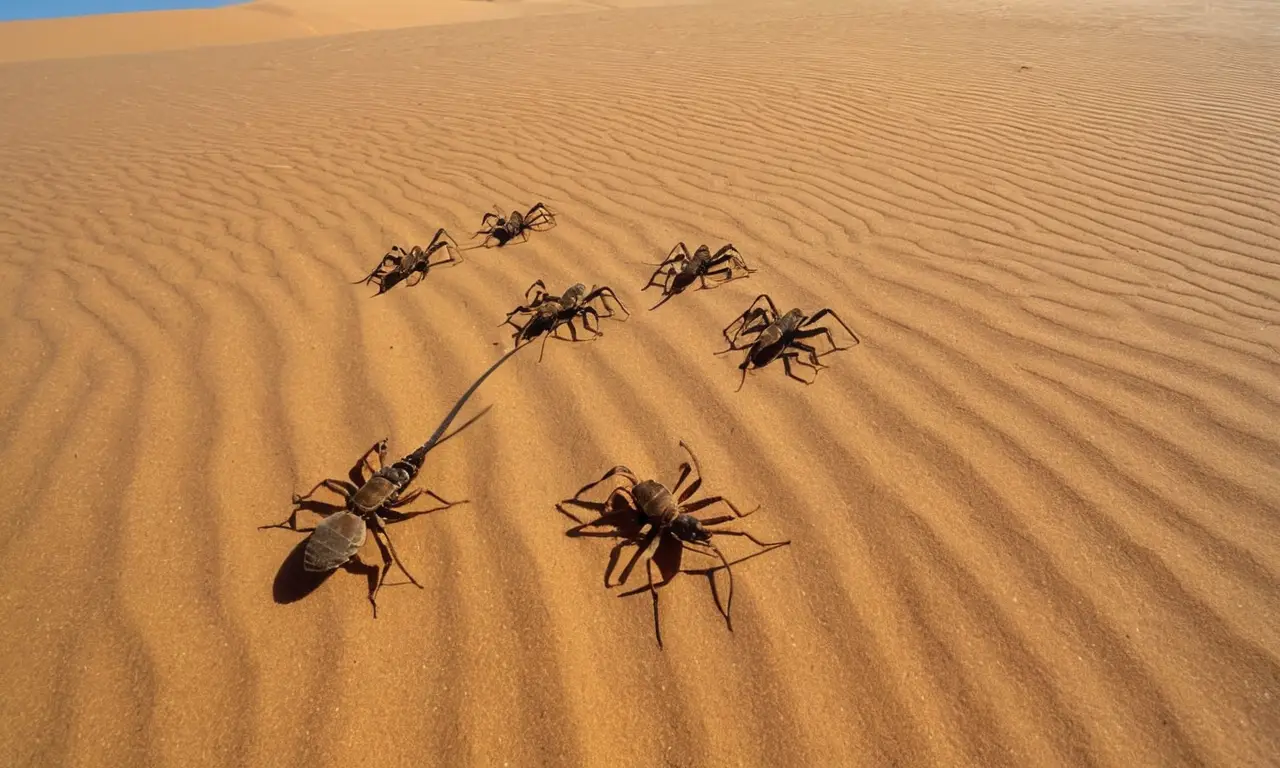 Desierto soleado con escorpiones y cactus