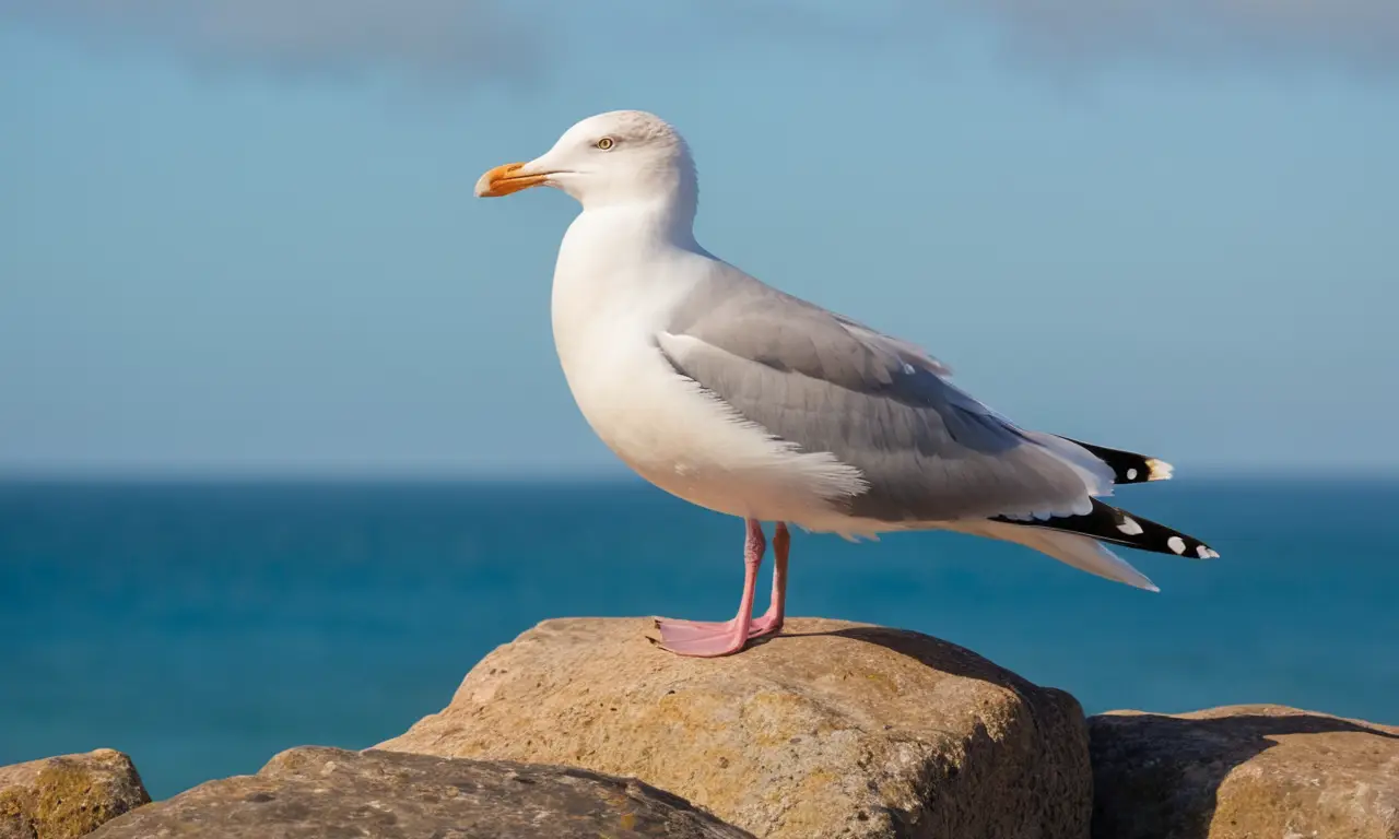 Gaviota rosa en calma sobre roca antigua