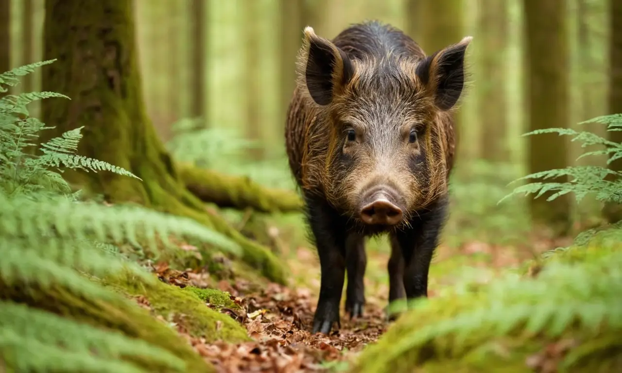 Jabalí europeo alerta en denso bosque