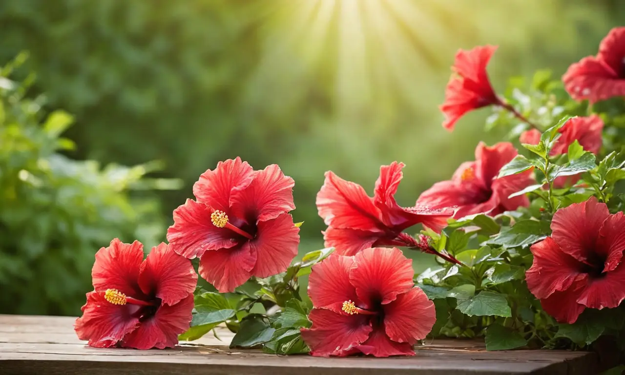 Hibiscus rojos brillantes en un jardín soleado