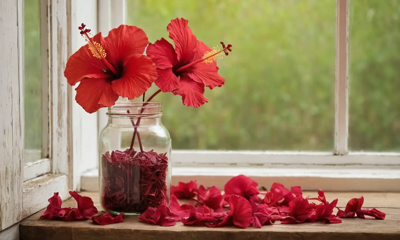 Flores de hibisco secas sobre madera rústica