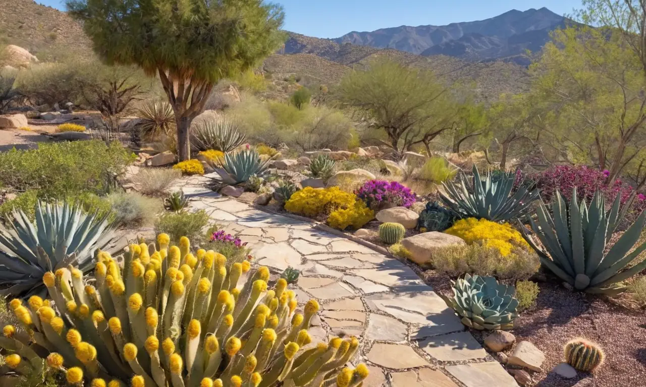 Jardín soleado con suculentas y flores vibrantes