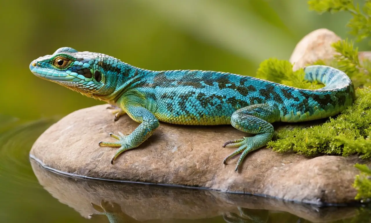 Ribera soleada con reptiles y naturaleza vibrante