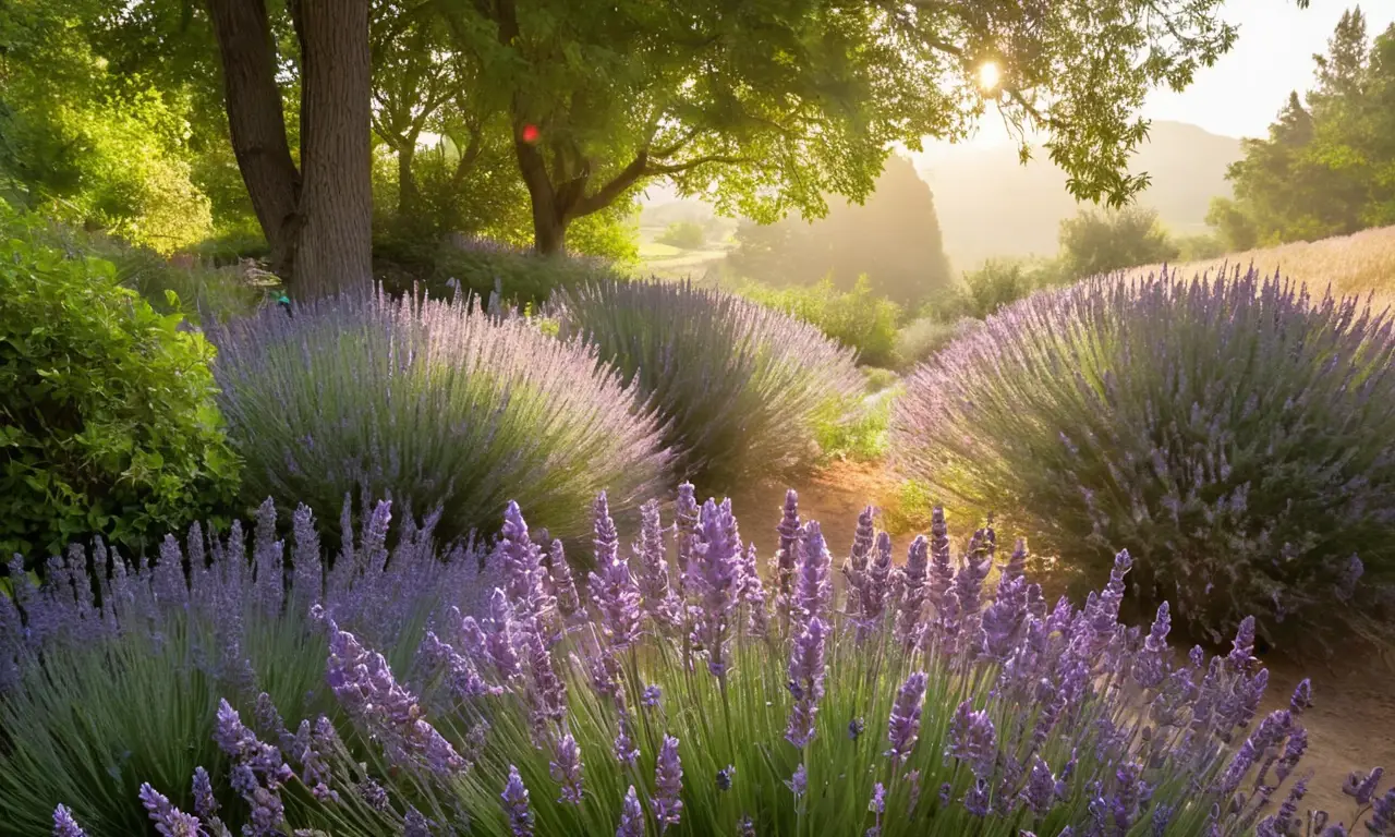 Jardín soleado con lavandas en flor
