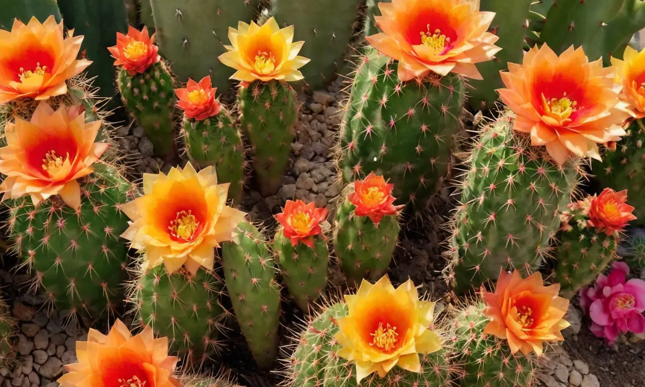 Cactus vibrante con flores y frutas brillantes