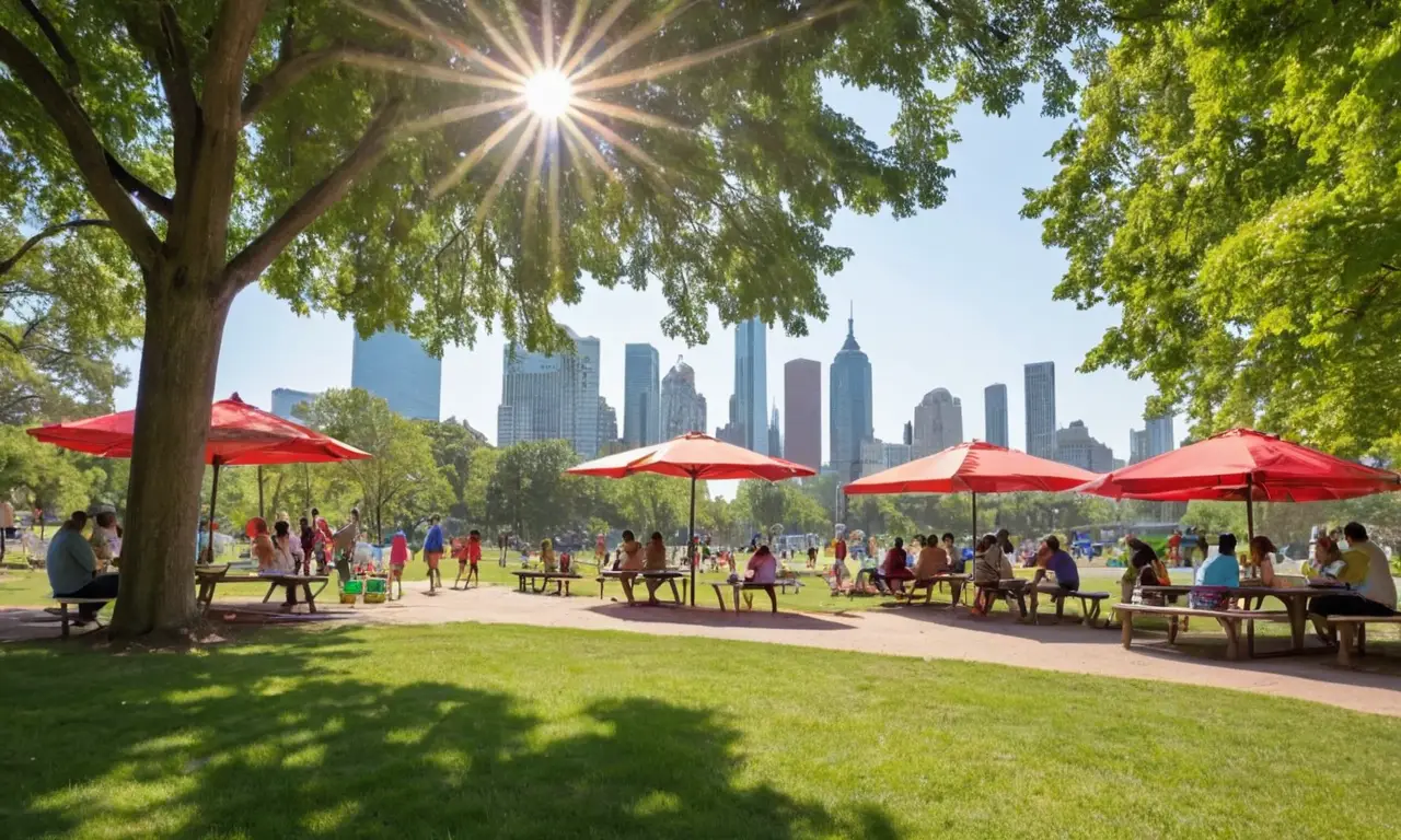 Un parque urbano vibrante y caluroso