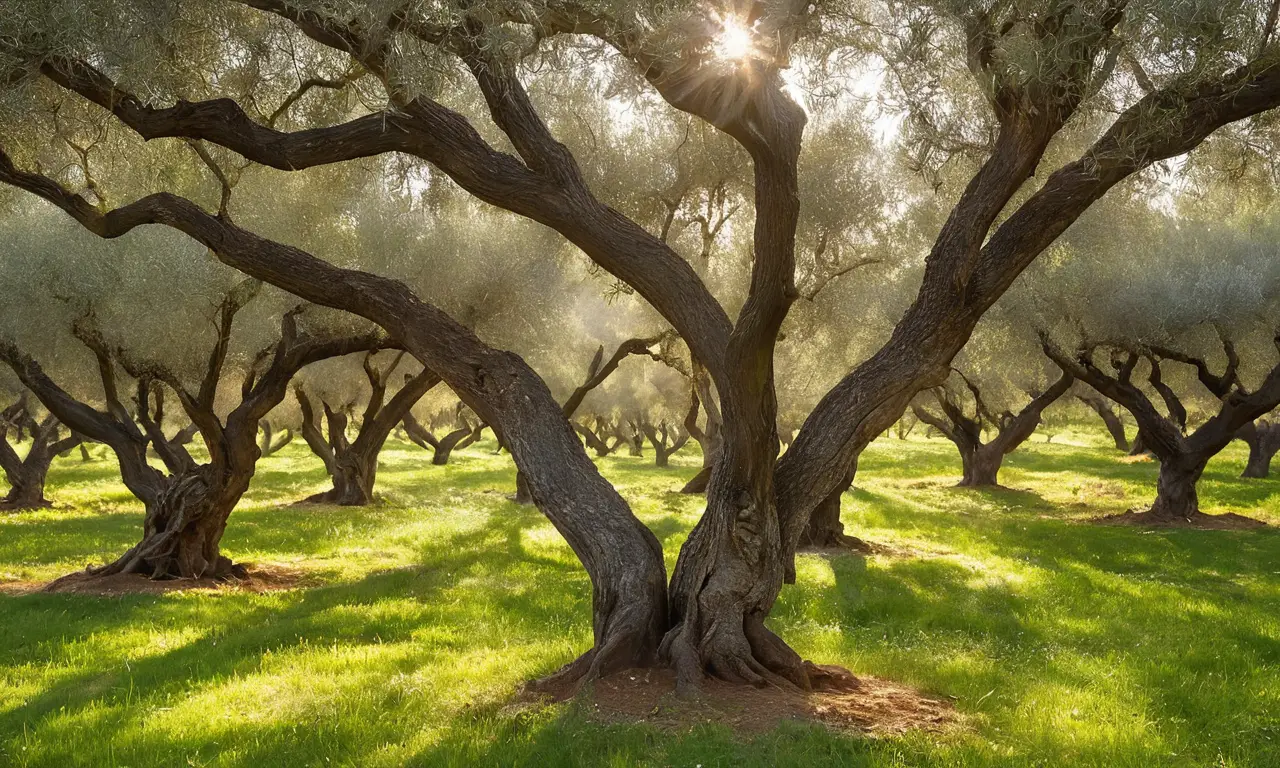 Olivar iluminado, olivares vibrantes y armoniosos