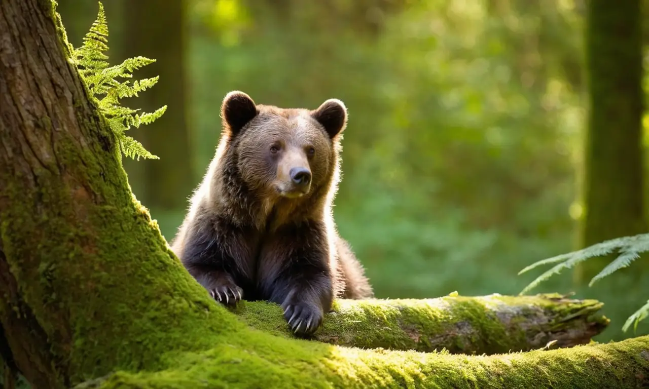 Un oso pequeño juega en un tronco