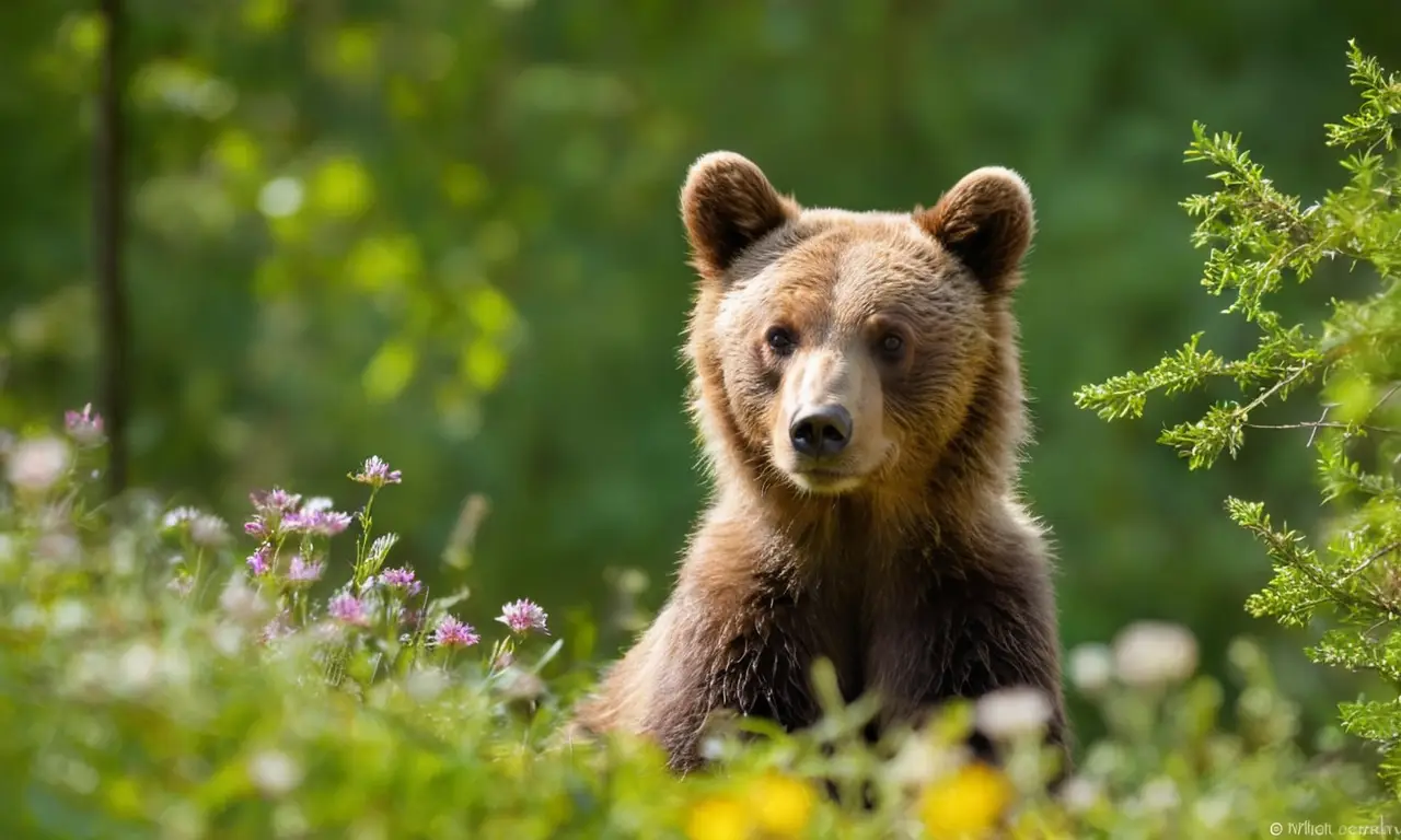 Un oso pardo juega en un claro