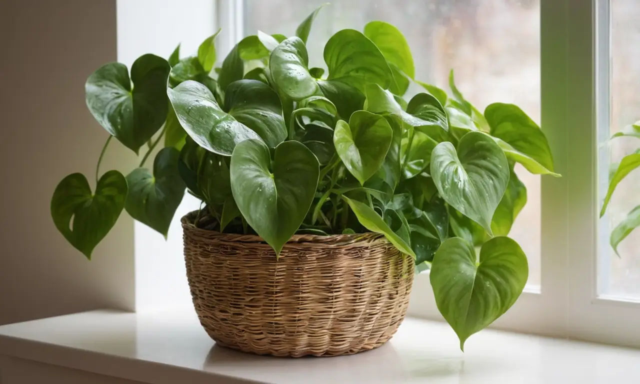 Planta pothos verde brillante en cesto