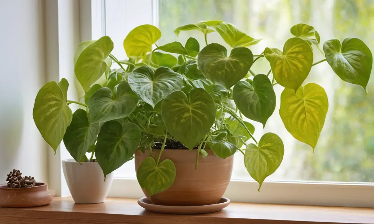 Hojas de potos vibrantes en decoración acogedora