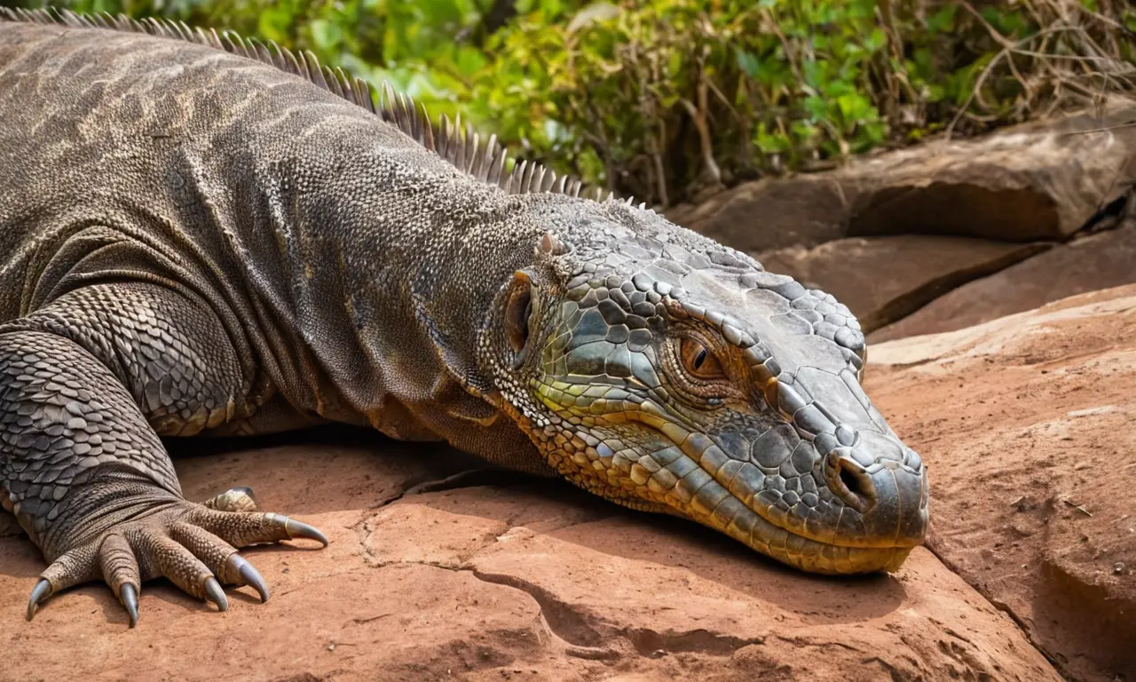 Un dragón de Komodo descansa en rocas