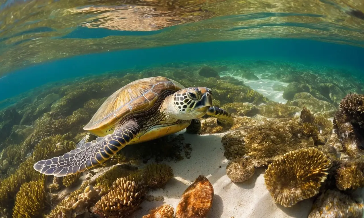 Playas soleadas con tortuga y palmeras