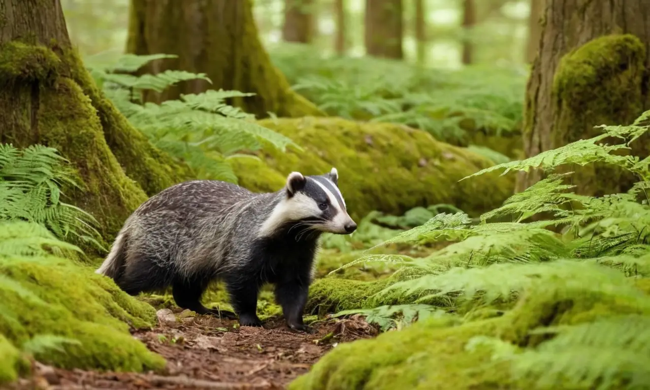 Un bosque denso con un badger curioso