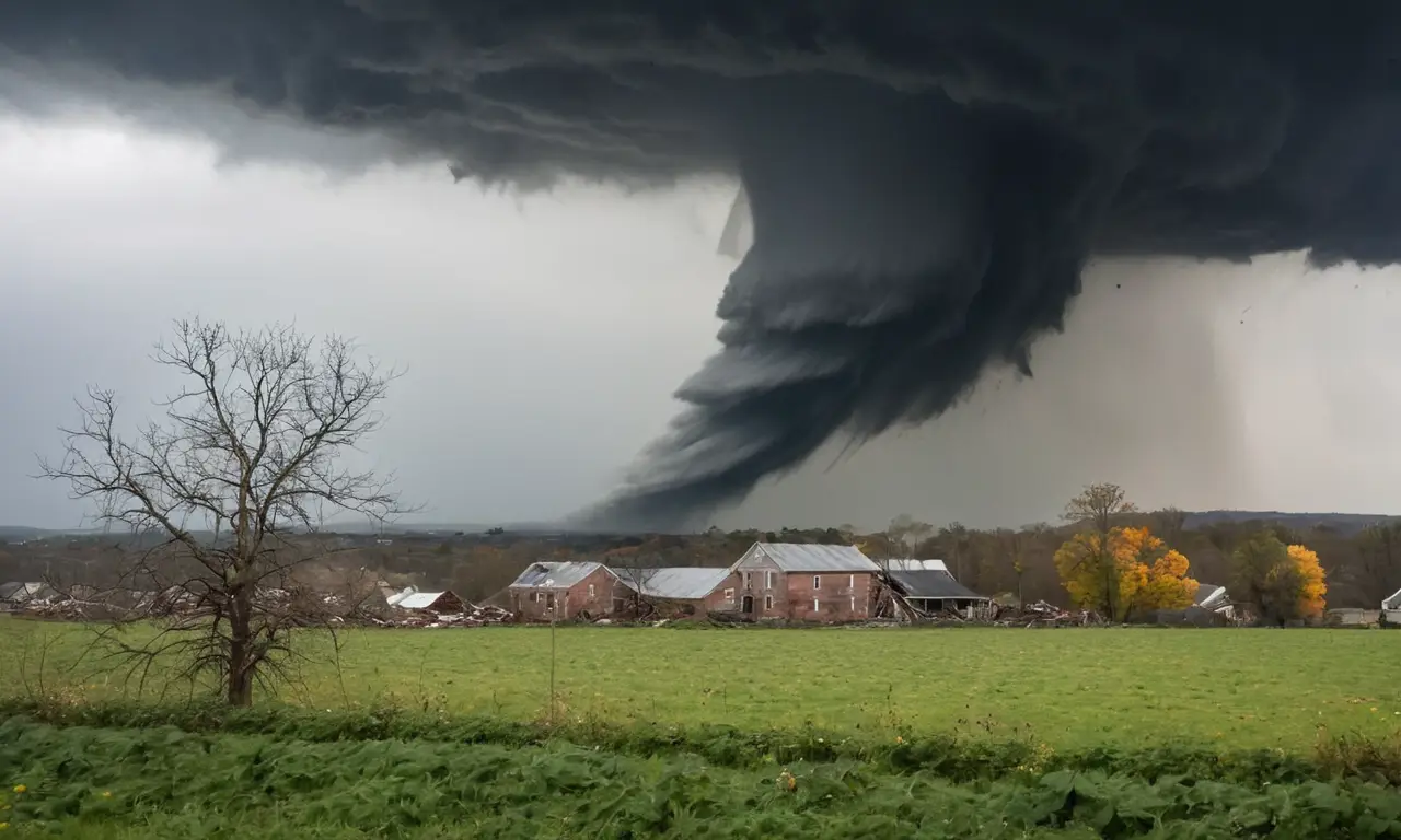 Tornado devastador en un paisaje rural