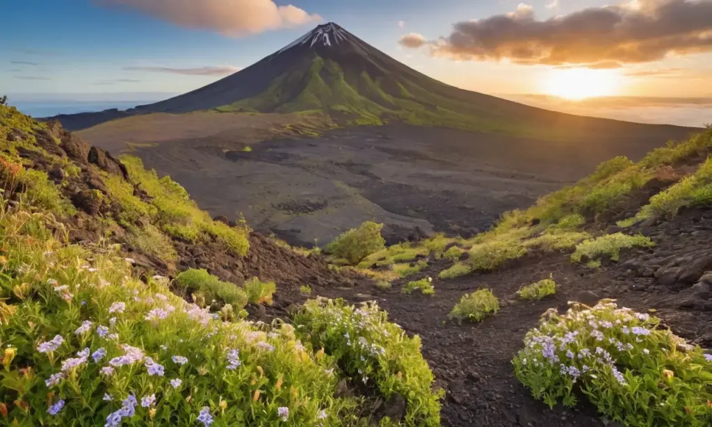 Majestuoso volcán con vegetación y lago sereno