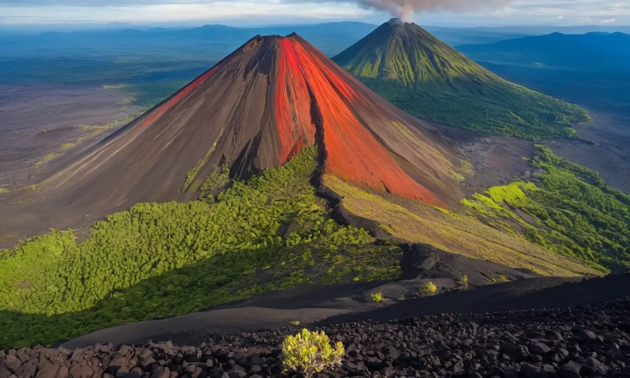 Majestuoso volcán con vegetación y fumarolas