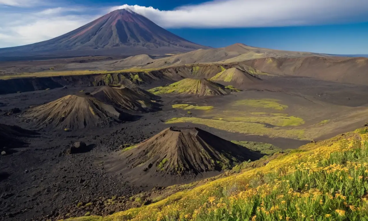 Majestuoso volcán adornado por vegetación vibrante