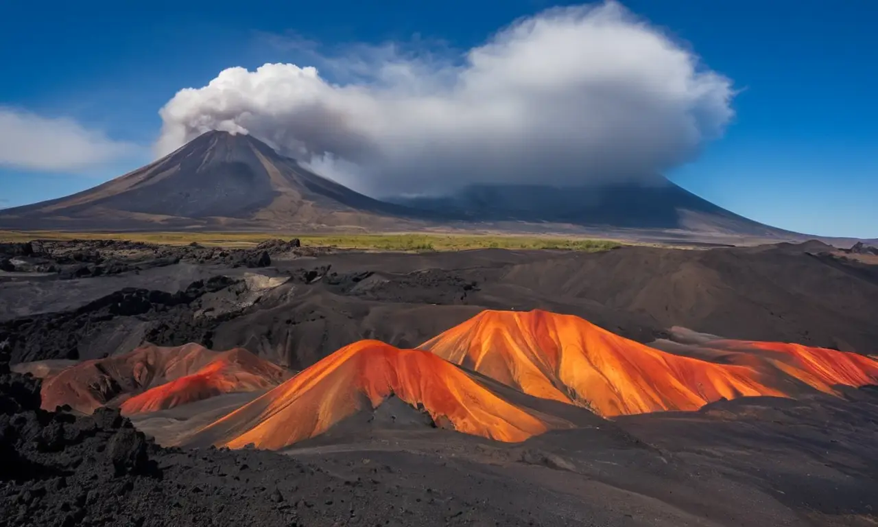 Imponentes volcanes contrastan con un cielo nublado