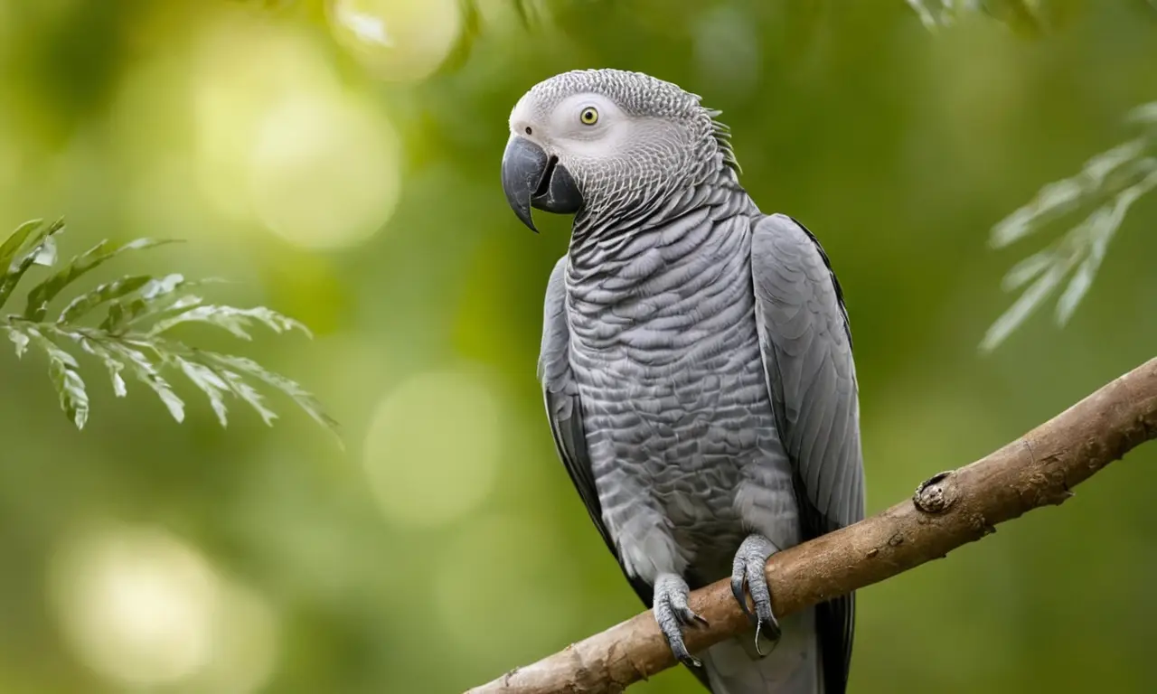 Loro gris destaca entre hojas verdes