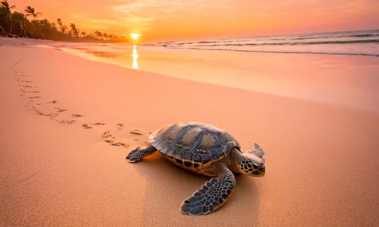 Tortuga bebé avanza en playa al atardecer