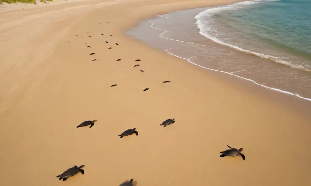 Tortugas marinas nacen en la playa al amanecer