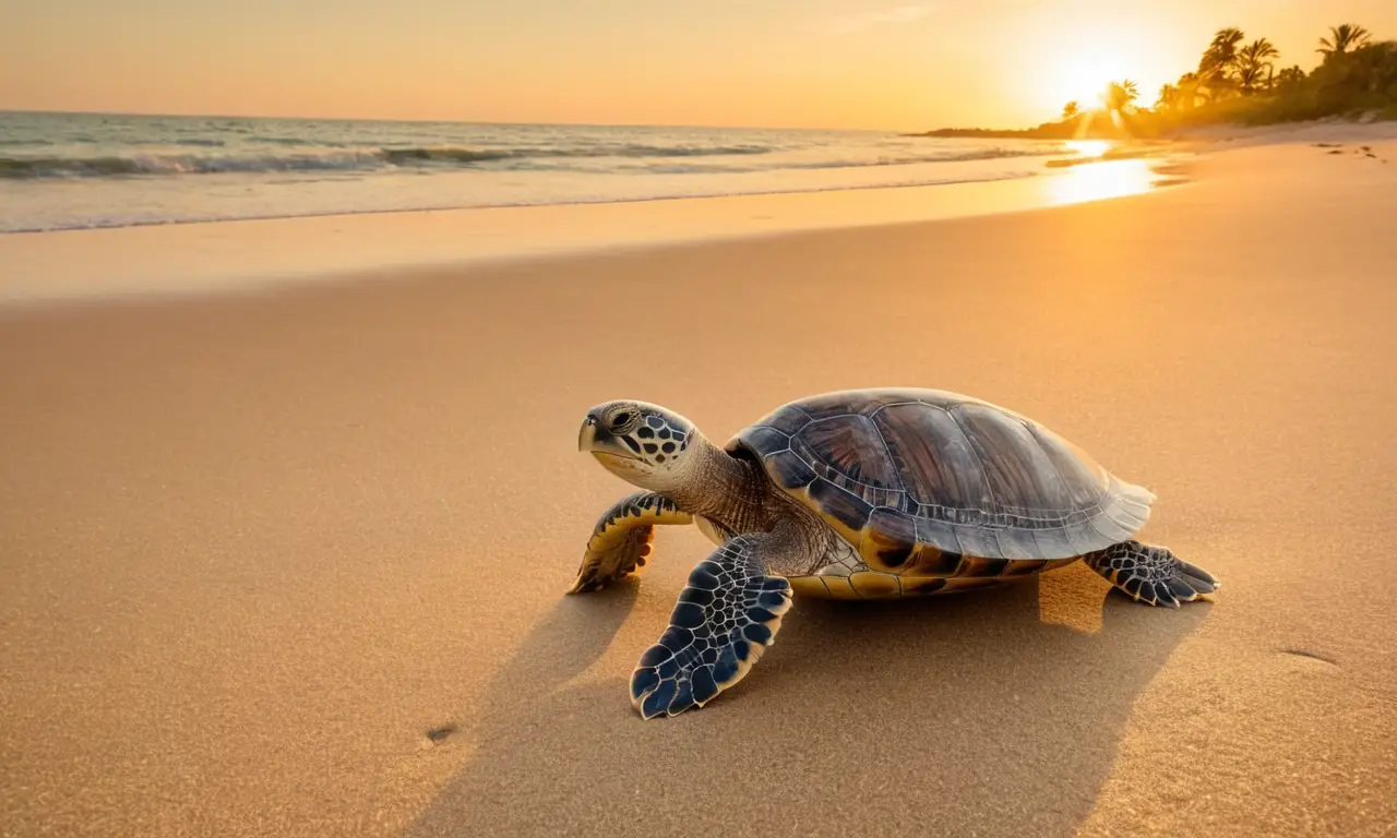 Tortuga en playa al amanecer, conservación urgente