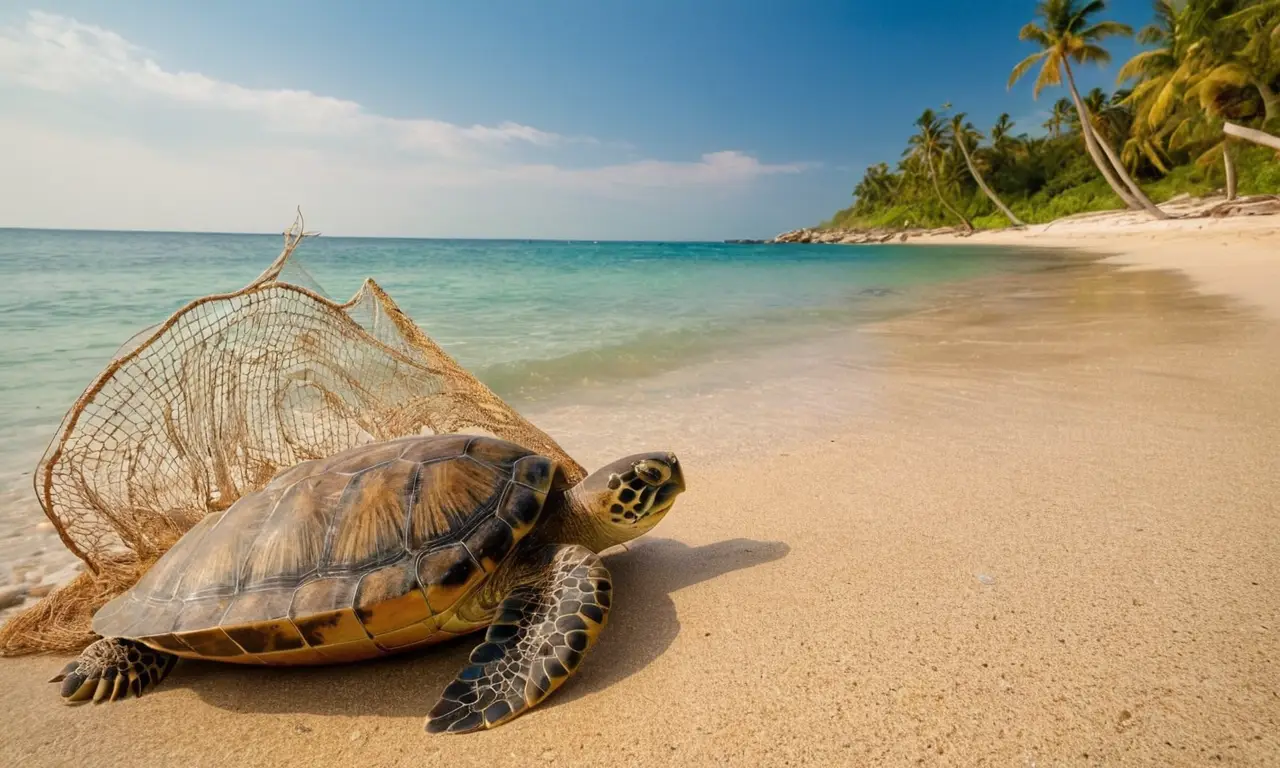 Playa soleada con tortuga y urgencia