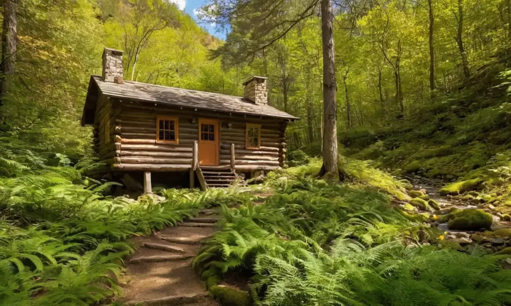 Bosque verde con cabana y naturaleza armoniosa