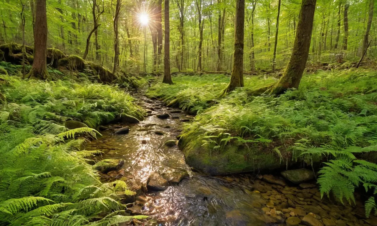 Bosque verde con luz, vida y armonía