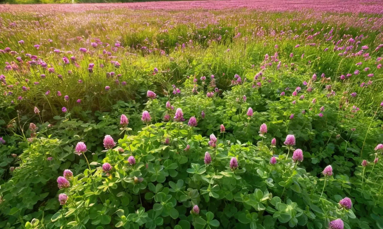 Campo verde vibrante con flores de trébol