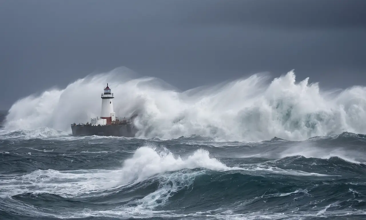 Tempestad marítima con barco luchando bravamente