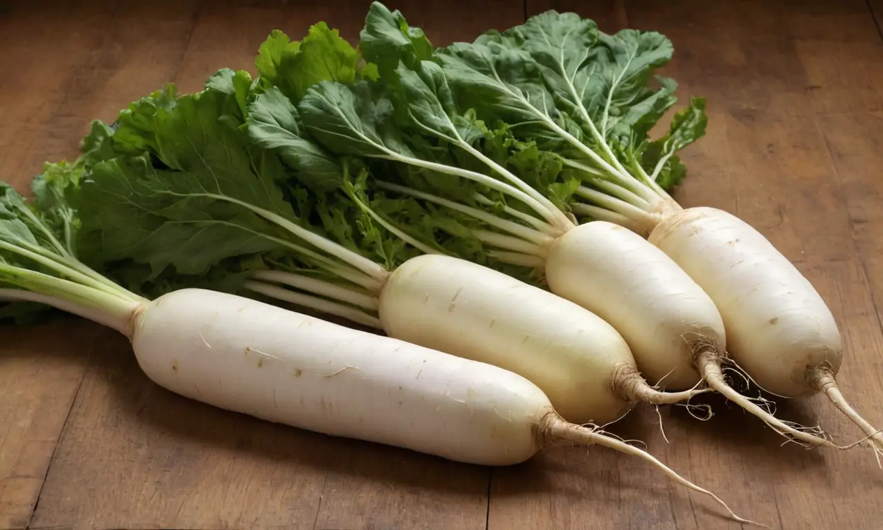 Rábano daikon fresco sobre madera rústica