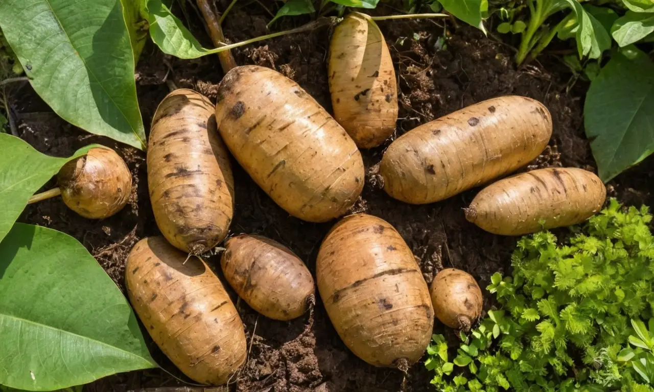 Yuca rústica rodeada de hojas verdes
