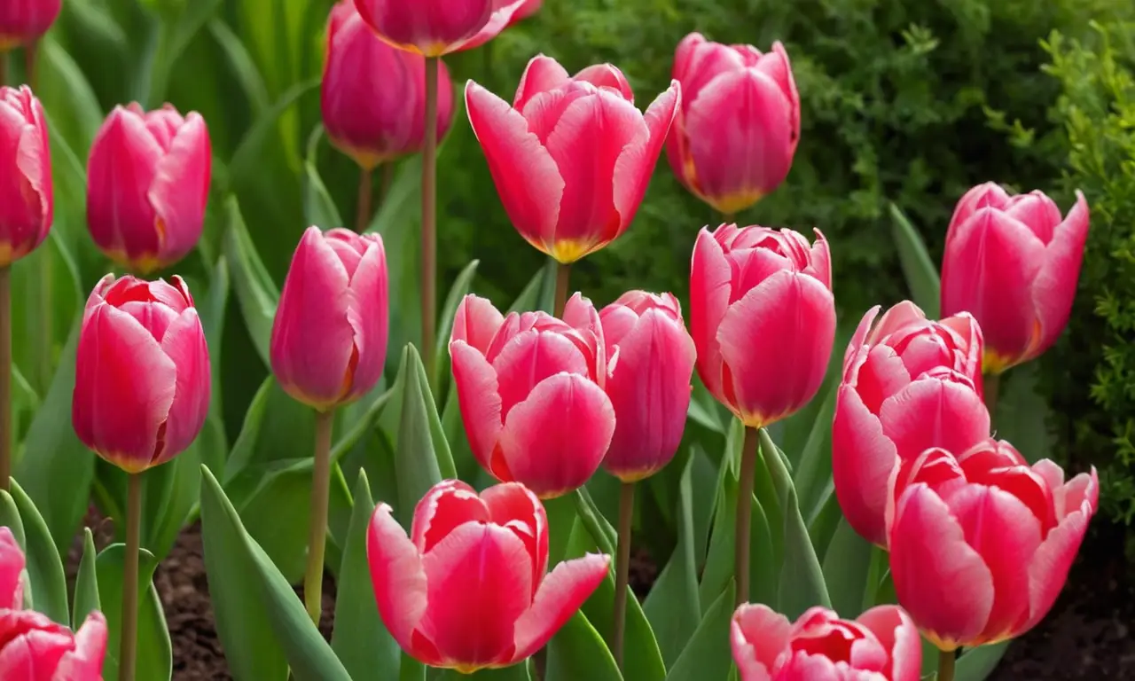 Tulipanes rosas vibrantes destacan en un paisaje